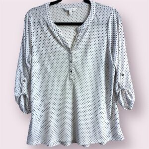 🎁Emily Daniels White Polka Dot Stretch Blouse Roll Tab Sleeves Size Large GUC